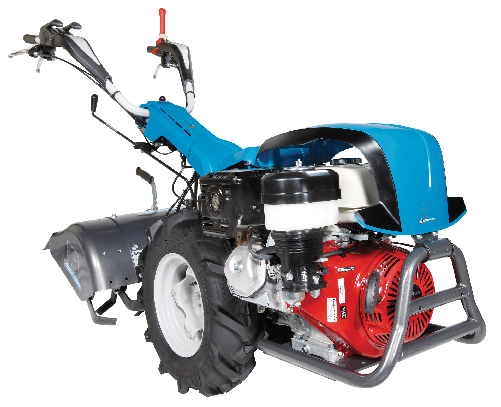 Motocoltivatore blu e grigio con motore rosso e ruote bianche.