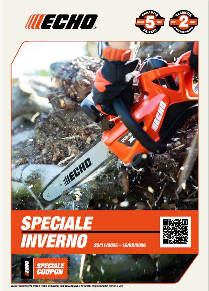 Motosega Echo che taglia la legna; manifesto promozionale 