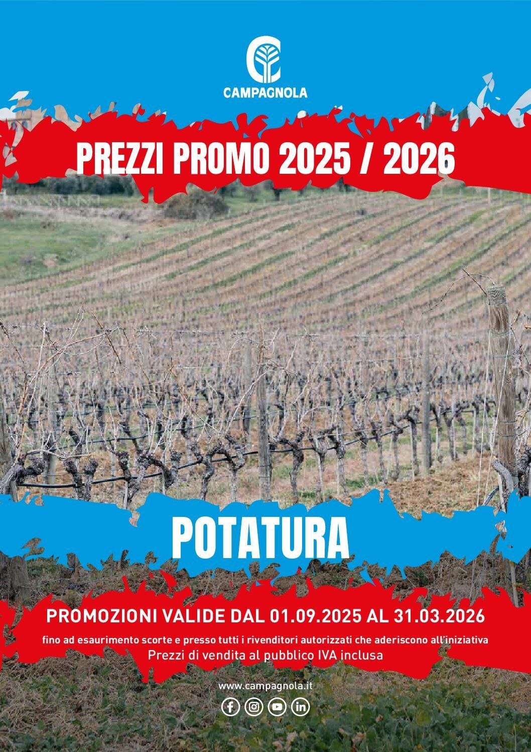 Manifesto con prezzi promozionali per la potatura dei vigneti: testo rosso e blu sopra la foto del vigneto.