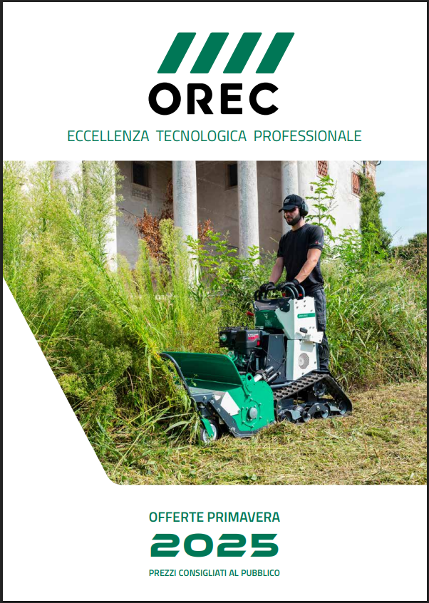 Volantino OREC primavera 2025: uomo che utilizza un tosaerba cingolato verde e bianco in un campo incolto.