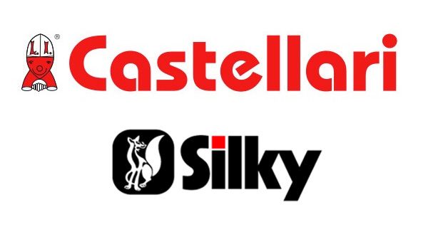Loghi Castellari e Silky: testo rosso con un'icona e un logo raffigurante un animale nero a forma di volpe.
