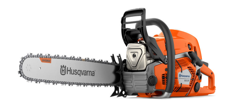 Motosega Husqvarna arancione e grigia.