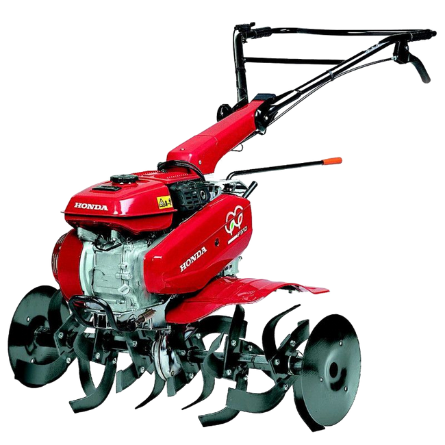 Motocoltivatore Honda rosso con denti e ruote, per la lavorazione del terreno.