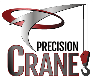A logo for precision cranes with a red hook