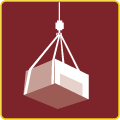 A box is being lifted by a crane on a red background.