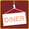 A diner sign is hanging from a hook on a red background.