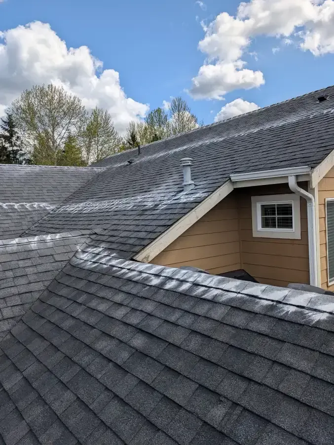 Gray shingle roof on a house with brown siding, white gutters, and a window under a partly cloudy blue sky.