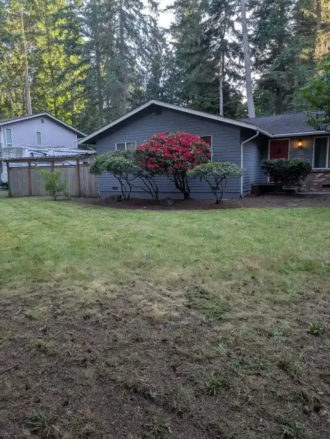 House with gray siding, red door, and blooming red bush, set in a yard with trees in the background.