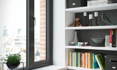 WarmCore Windows next to bookshelf