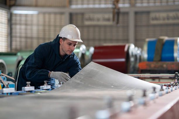A man in a hard hat is working on a piece of metal in a factory.