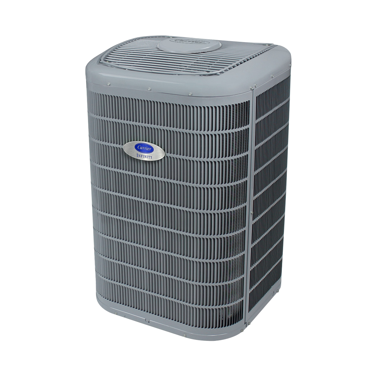 Gray air conditioner unit outdoors.