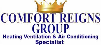 Logo for Comfort Reigns Group: golden crown above blue text, "COMFORT REIGNS GROUP," "Heating Ventilation & Air Conditioning Specialist."