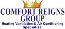 Logo for Comfort Reigns Group: golden crown above blue text, "COMFORT REIGNS GROUP," "Heating Ventilation & Air Conditioning Specialist."