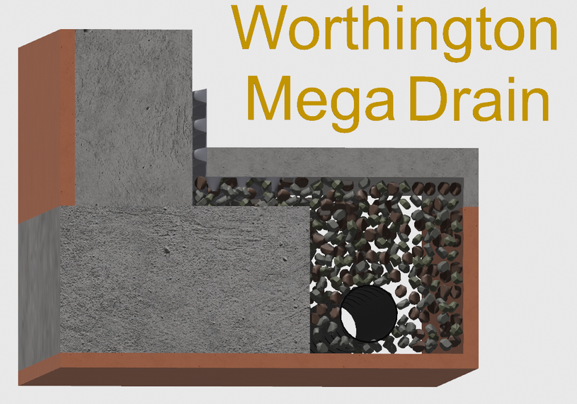 Cross-section diagram of a Worthington Mega Drain. Shows concrete structure, gravel, and a pipe.