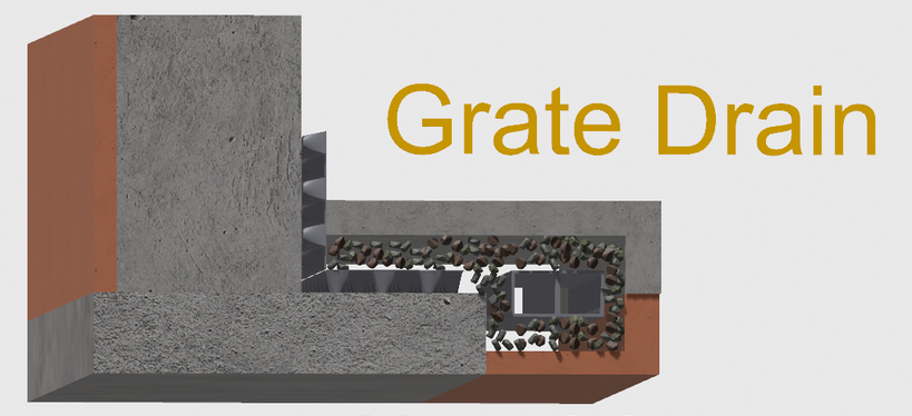 Diagram of a cross-section showing a grate drain system within a concrete structure.