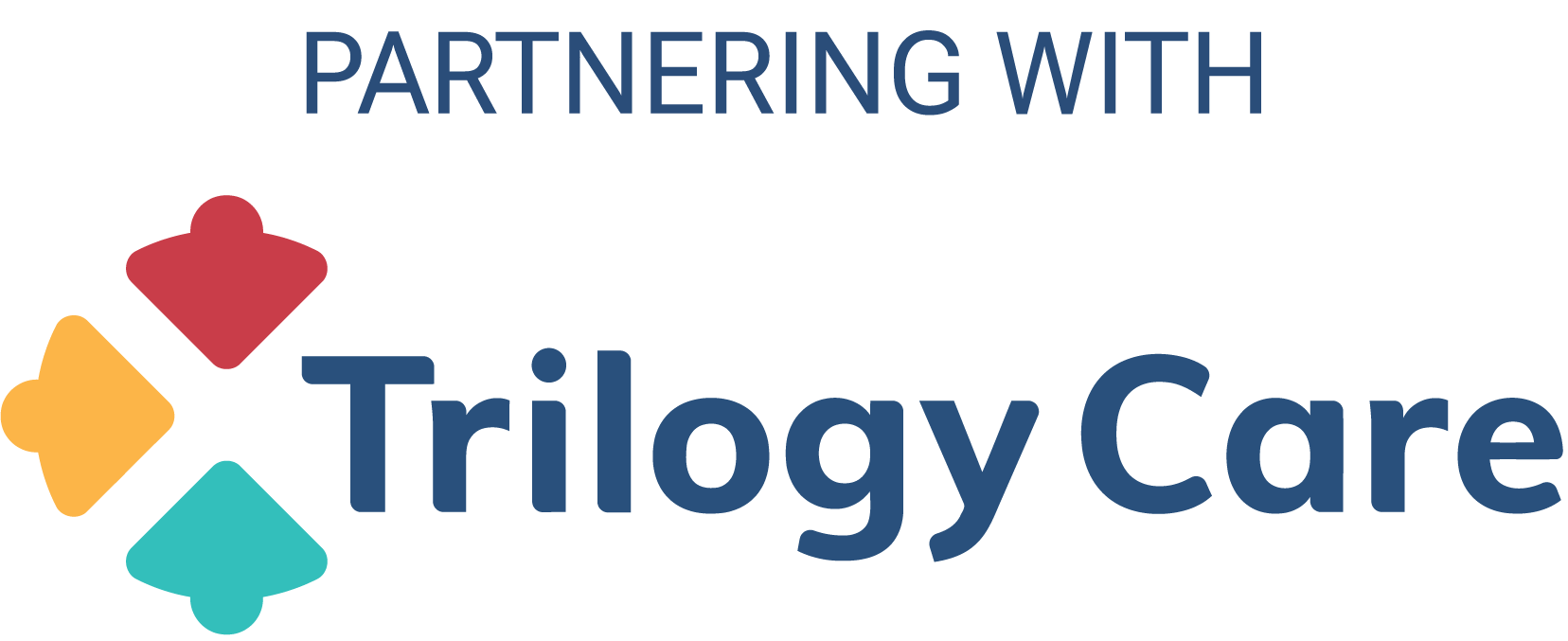 Partnering with Trilogy Care logo: blue text and colorful abstract design.