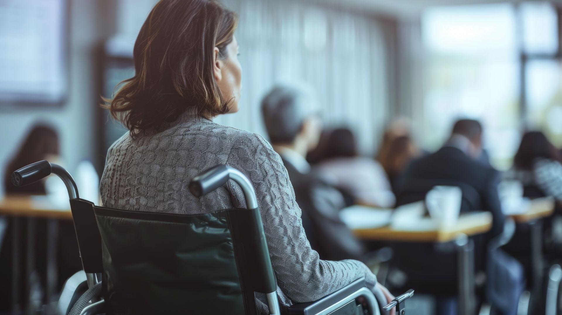 Woman in wheelchair, facing away, in a room with other people seated at tables, likely a conference or meeting.