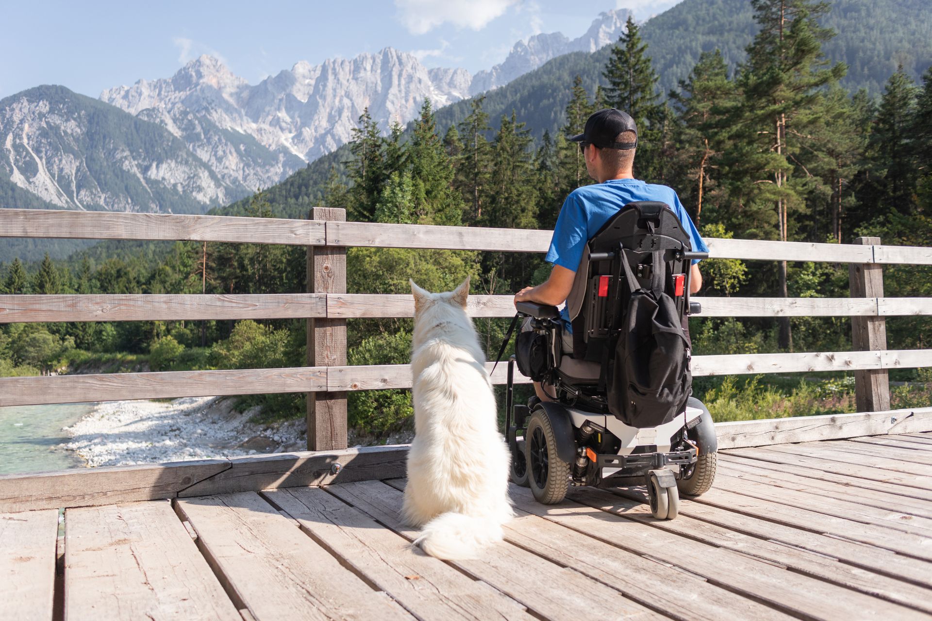 Man in wheelchair with a white dog on a wooden bridge overlooking mountains.