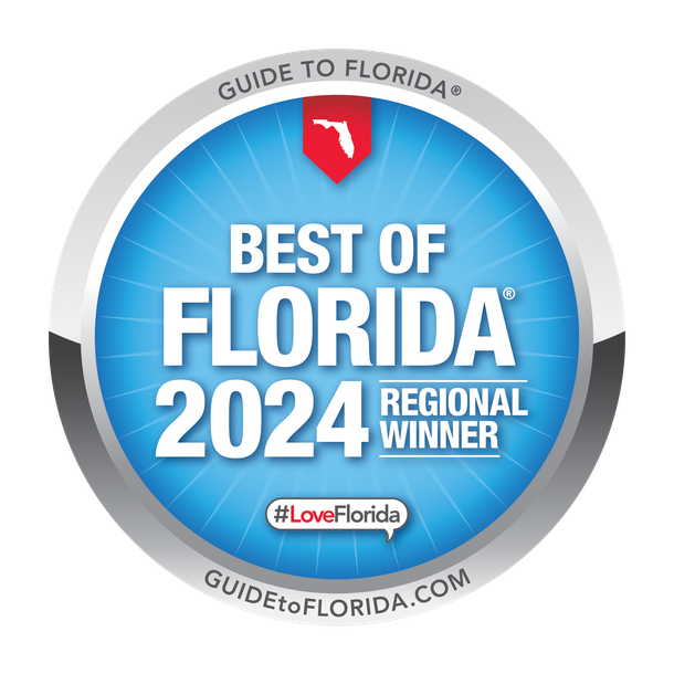 Best of Florida 2024 Regional Winner logo: Blue and silver circular emblem with Florida outline and text.