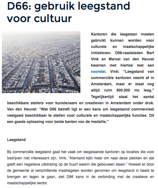 Gebruik leegstand voor cultuur aldus raadslid van Amsterdam Marcel van den Heuvel