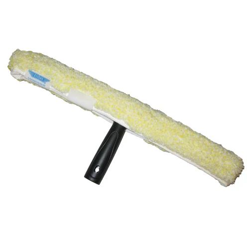 Window washer with a black handle and yellow scrubbing pad.