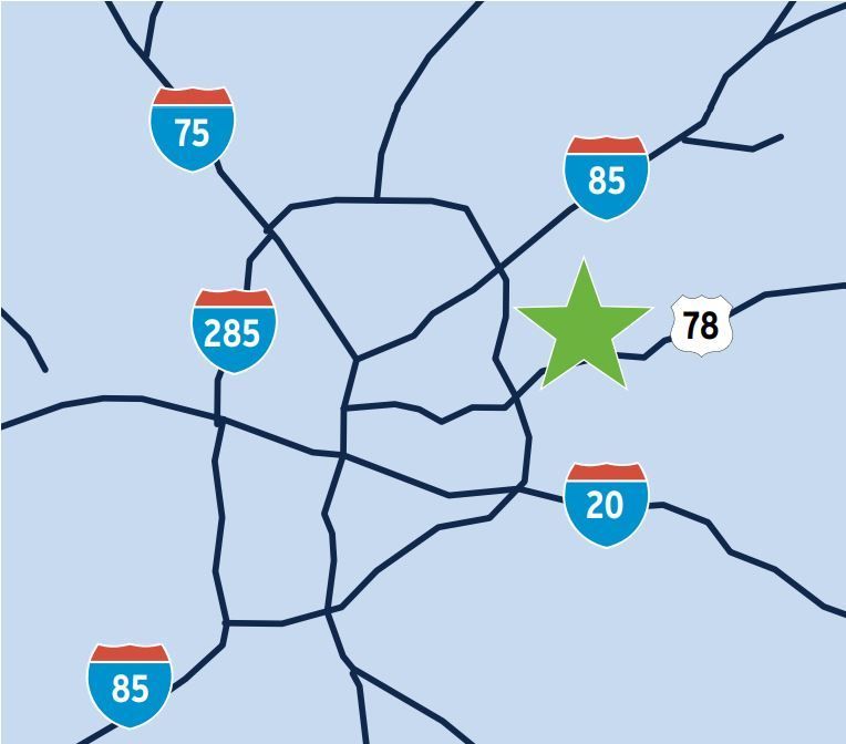 Simplified map of the Atlanta Metro area with a star designating the GABIO Equipment Depot