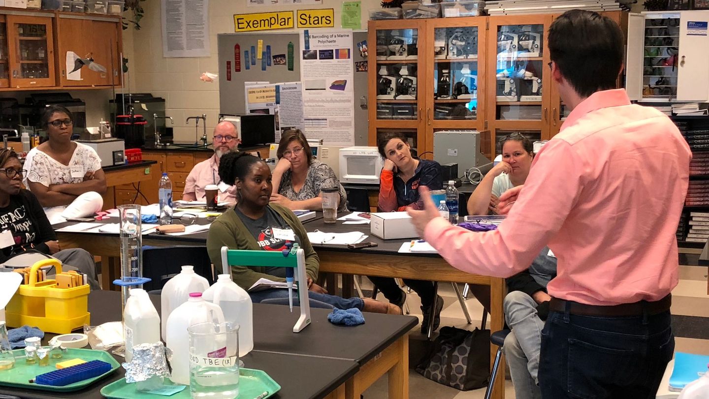 Teachers receiving instruction for a new lab and lesson plan