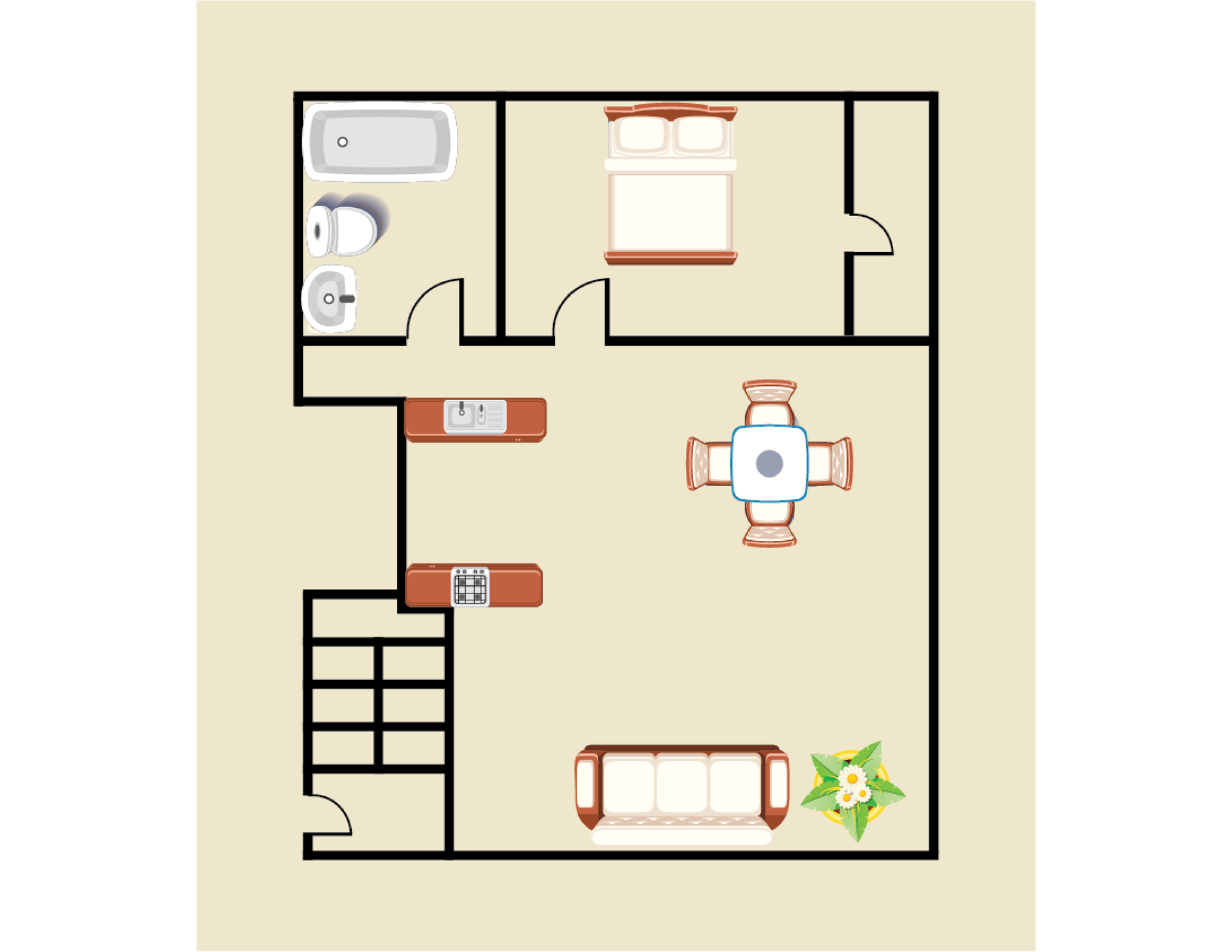 A floor plan of a house with furniture and a table.