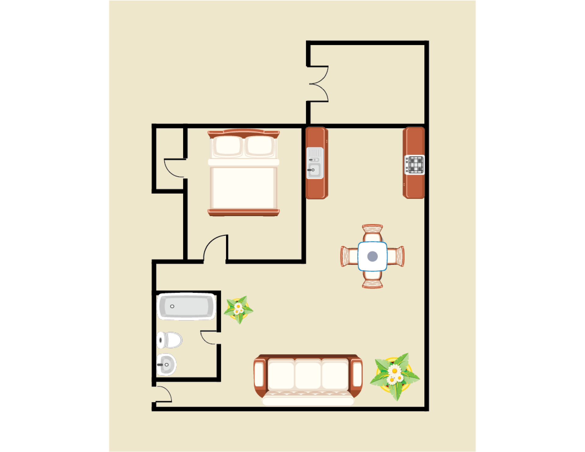 A floor plan of a house with a bedroom , living room , dining room , and bathroom.
