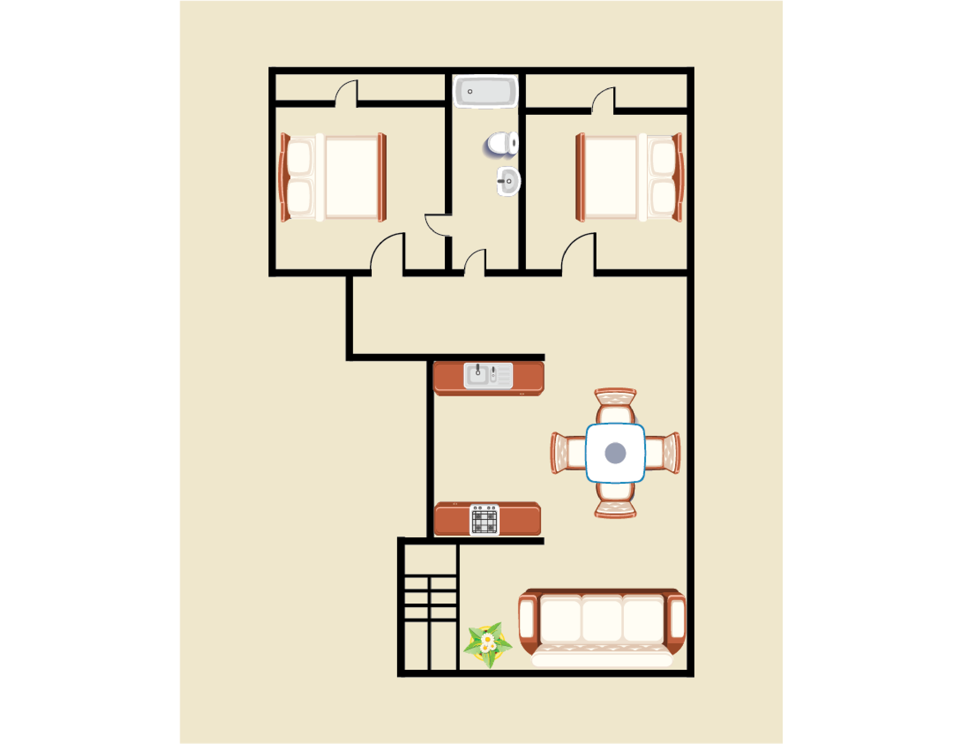 A floor plan of a house with a couch , table and chairs.