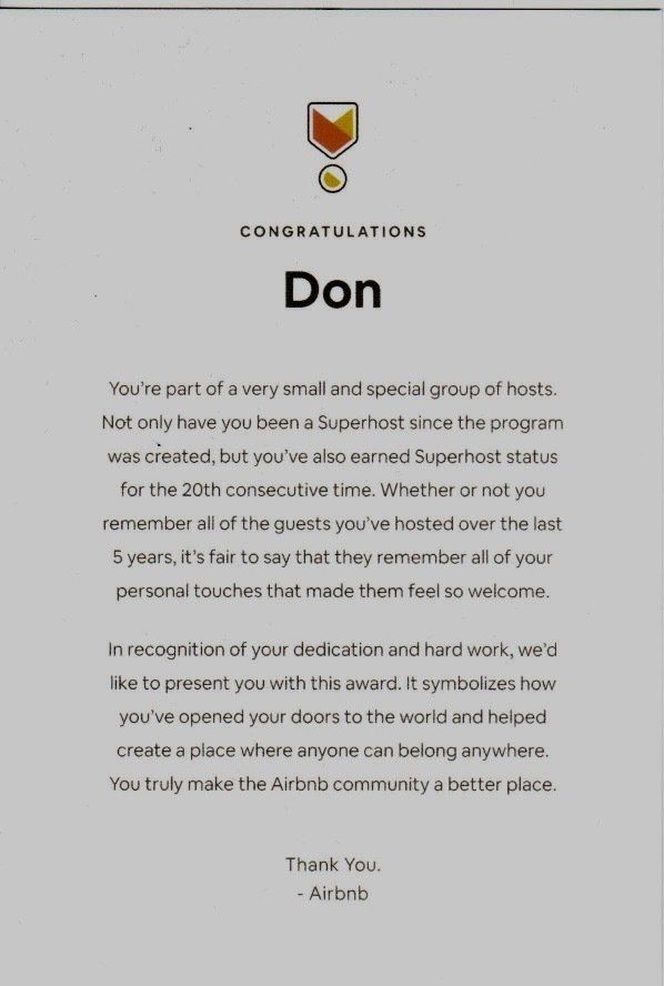 Certificate for Don, an Airbnb Superhost. It congratulates him for 20 consecutive years of Superhost status.