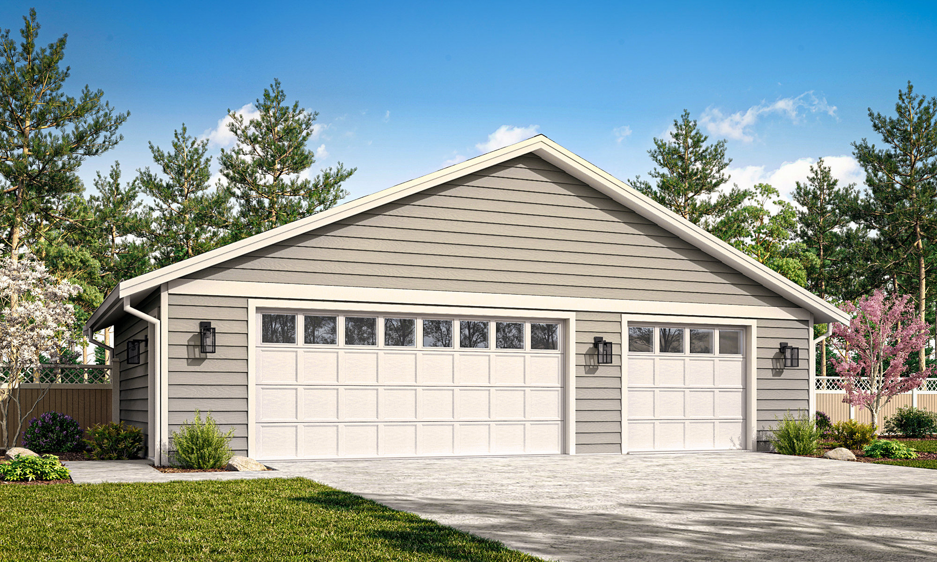 Single-story beige suburban house with white garage doors, driveway, and green lawn under a blue sky