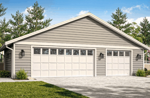 Two-car beige garage with a white double door and side entry on a concrete driveway