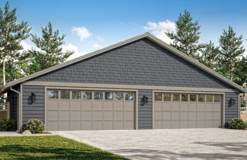 Two-car gray garage with dormer windows and a paved driveway under a blue sky