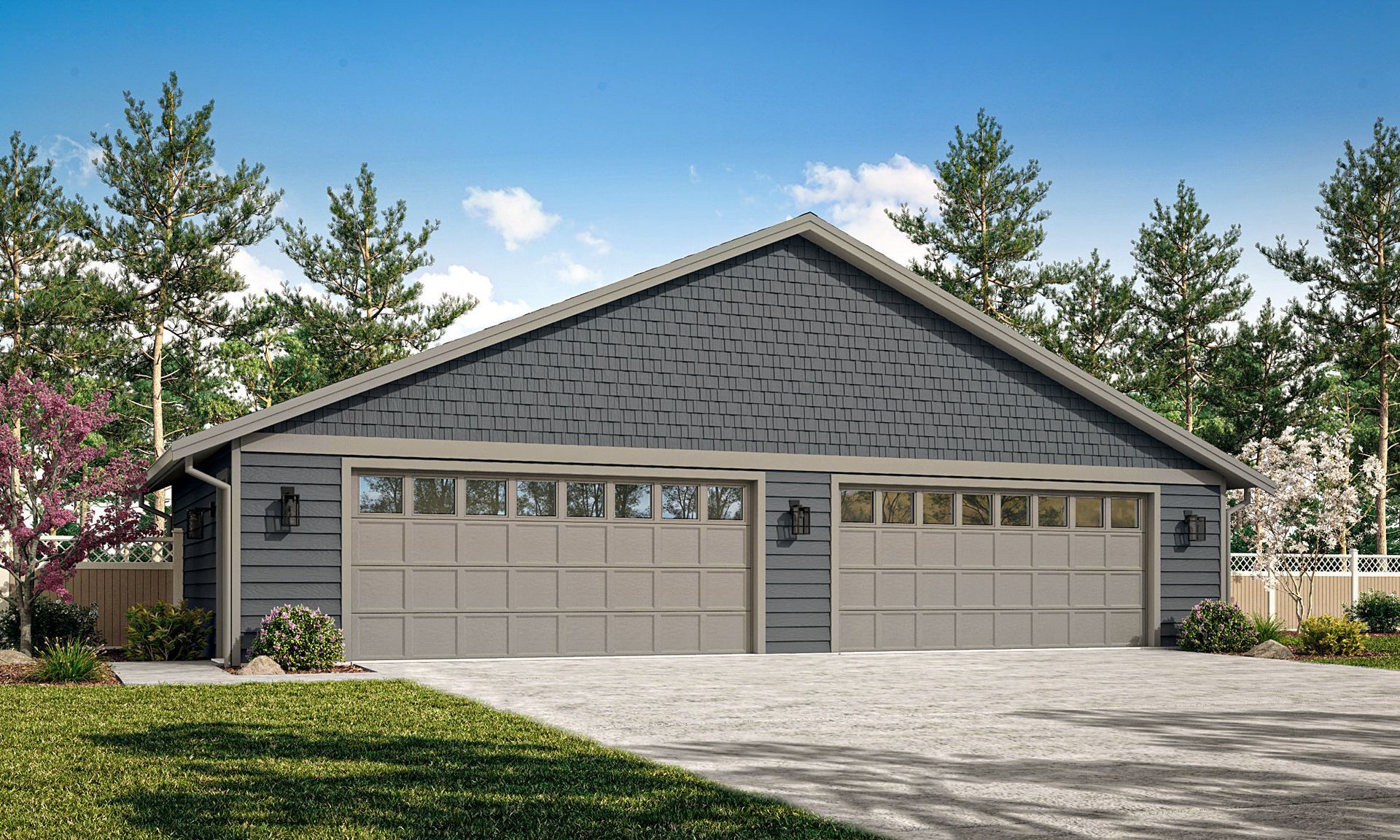 Gray two-car garage with gabled roof, stone accents, and a driveway in a suburban setting