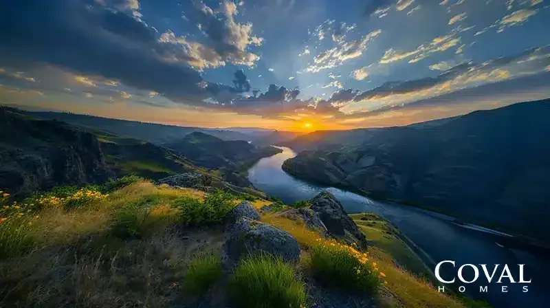 An elevated, dramatic view from a rugged clifftop covered in tall grass and scattered yellow wildflowers, looking down into a deep, vast gorge where a wide, smooth river winds through the landscape. The steep, rolling hills are bathed in a mix of deep shadows and warm, glowing light. In the distance, a bright sun bursts over the horizon, casting golden rays across a spectacular sky filled with vibrant blue hues and dynamic, illuminated clouds. The logo "COVAL HOMES" is displayed in the bottom right corner.