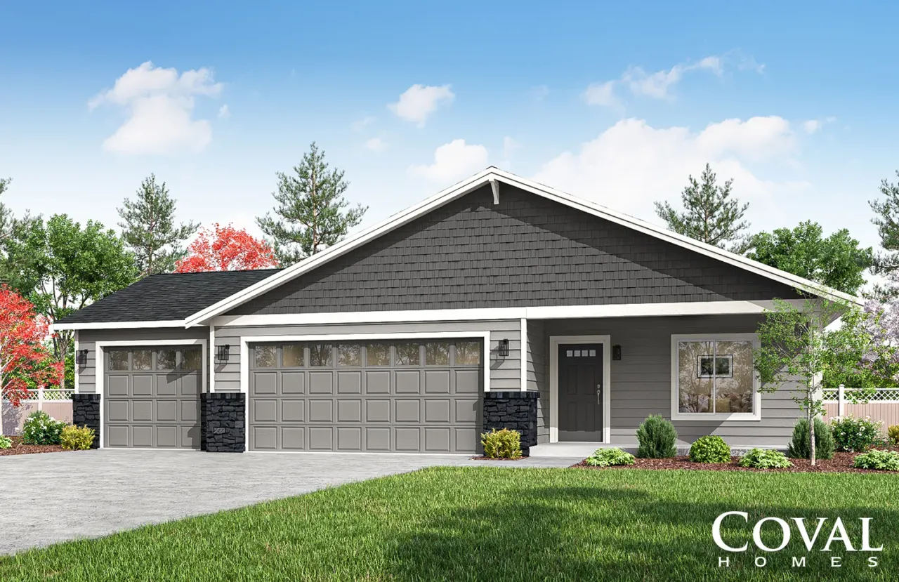 Single-story suburban house with gray roof, brick exterior, and two-car garage