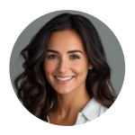 Smiling woman with long dark hair in a white top, against a plain gray background.