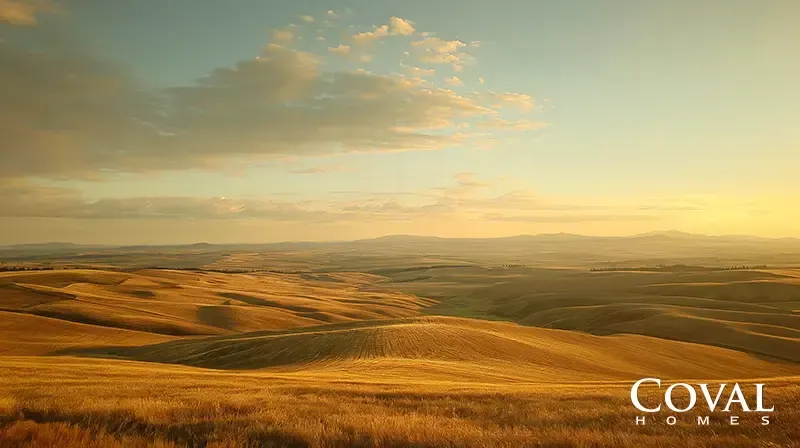A serene, expansive landscape of rolling hills bathed in warm, golden sunlight, giving the appearance of vast wheat fields or dry grasslands. The soft, undulating terrain stretches out toward distant, hazy horizons under a calm, pastel sky transitioning from light blue to a soft, glowing yellow. The logo "COVAL HOMES" is displayed in the bottom right corner.