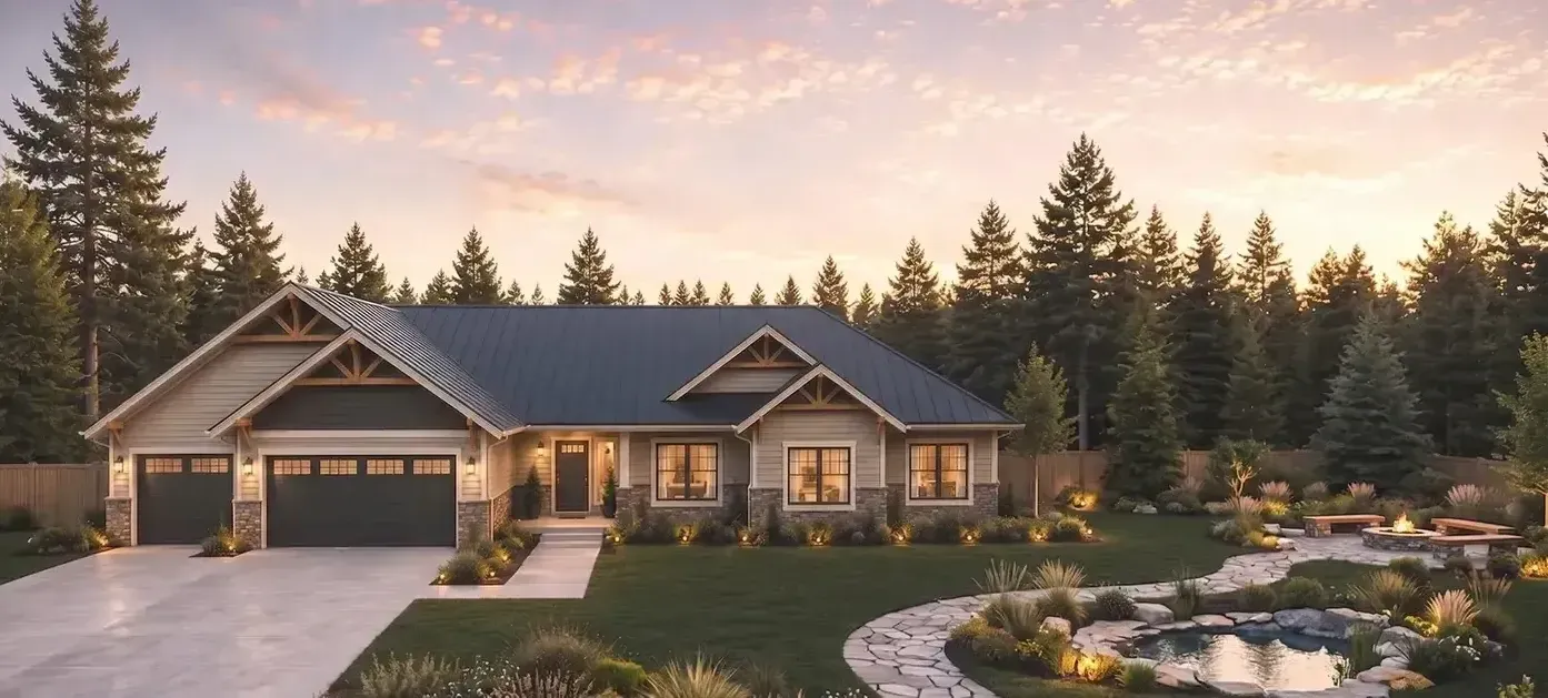 Modern single-story house at sunset with lit windows, pine trees, landscaped yard, and stone path