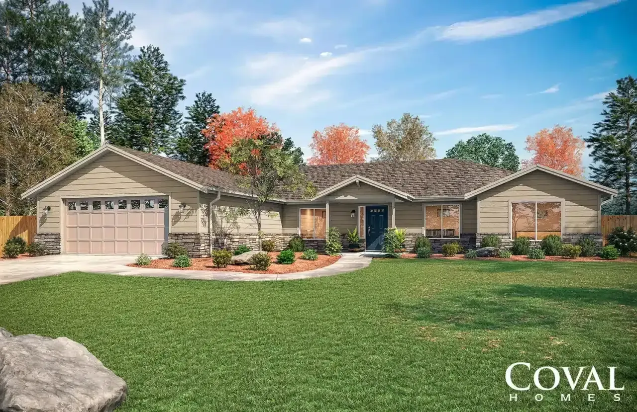 Single-story suburban house with a manicured lawn, flower beds, and autumn trees under a blue sky