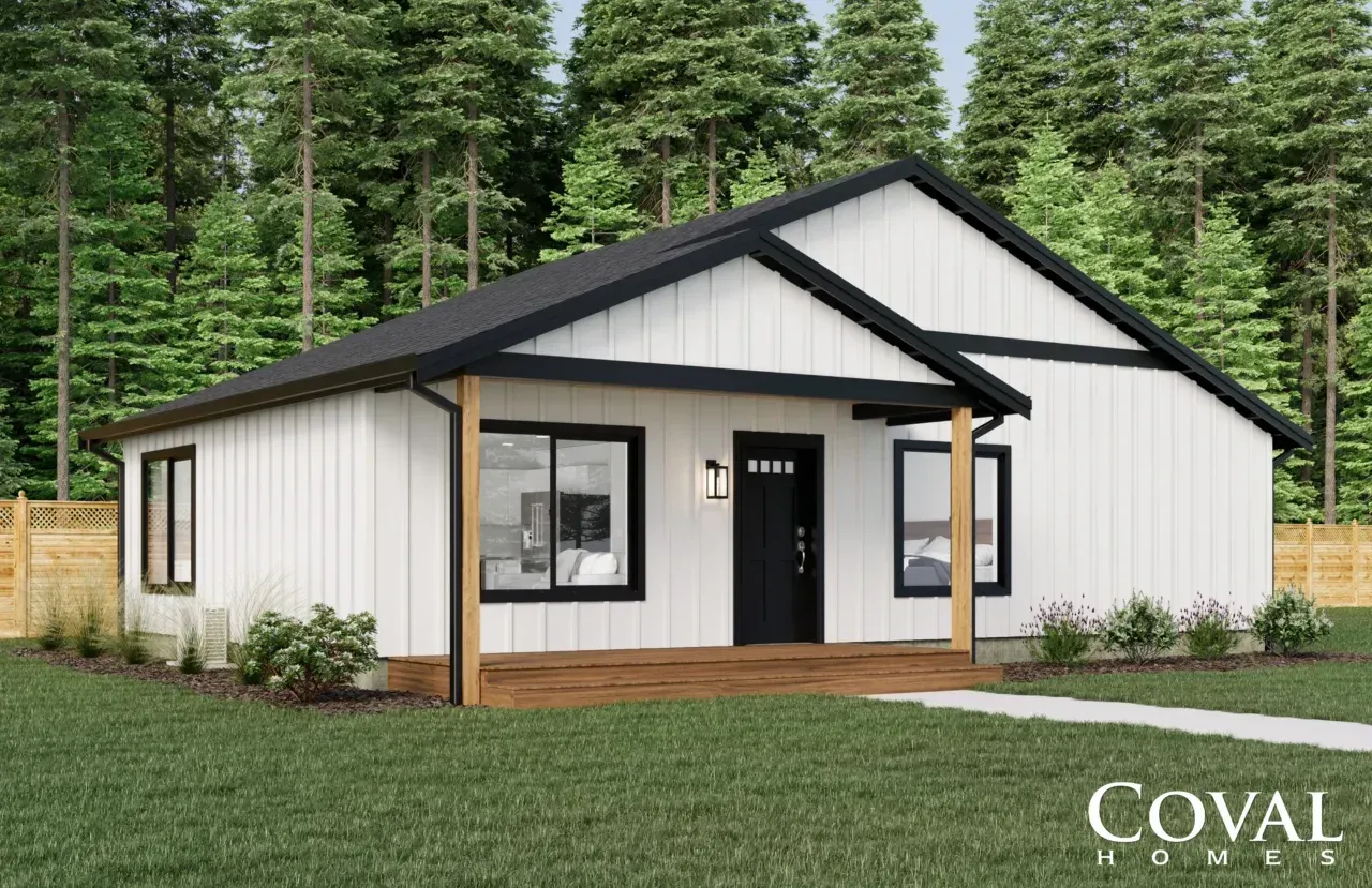 Modern white single-story house with black trim, front porch, and pine trees in the background