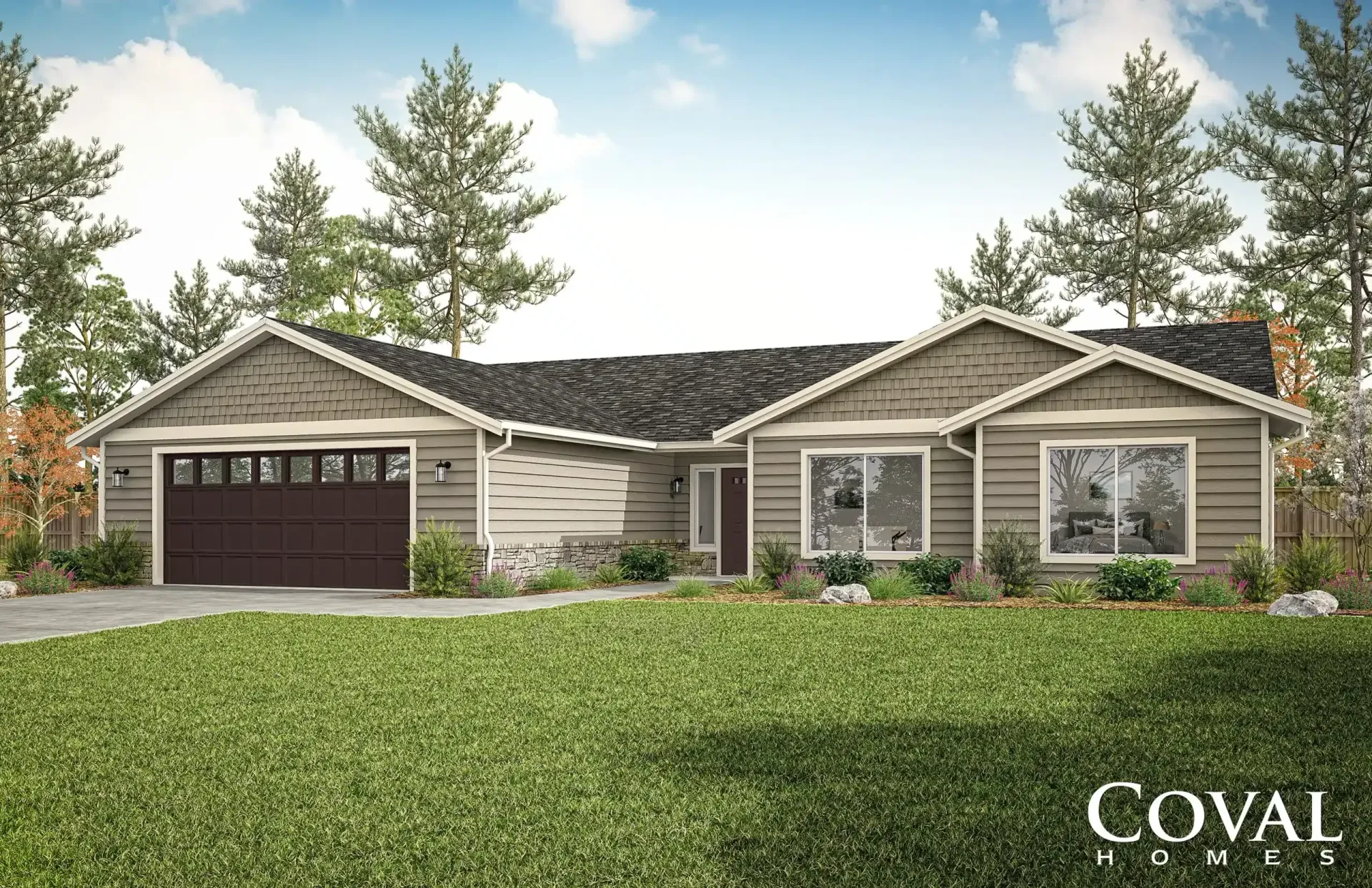 Suburban single-story house with a dark garage and manicured lawn under a bright sky