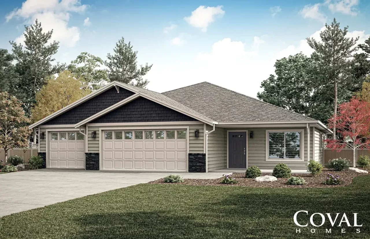 Single-story suburban house with three-car garage, gray roof, and landscaped front yard