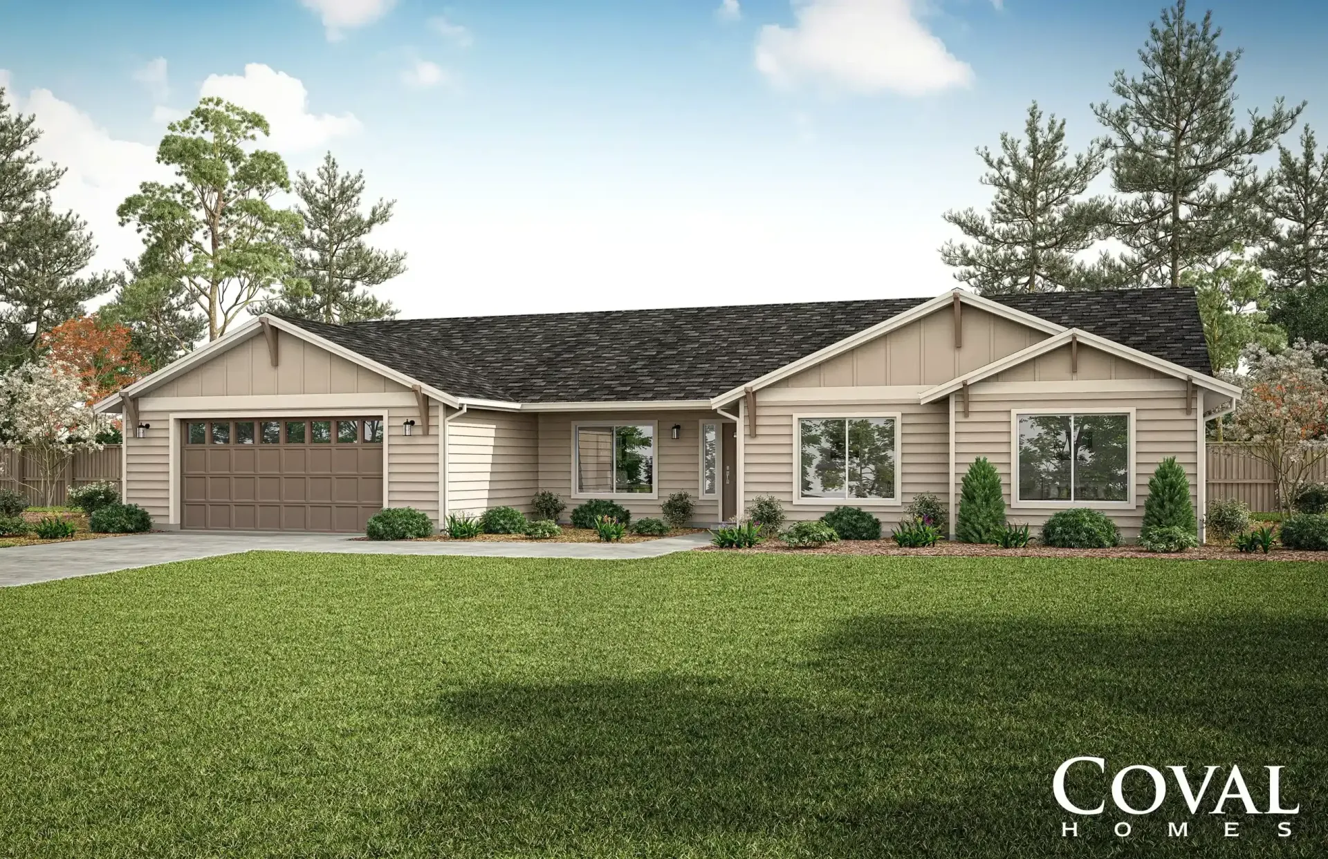 Single-story beige house with a garage, front lawn, and trees under a partly cloudy sky