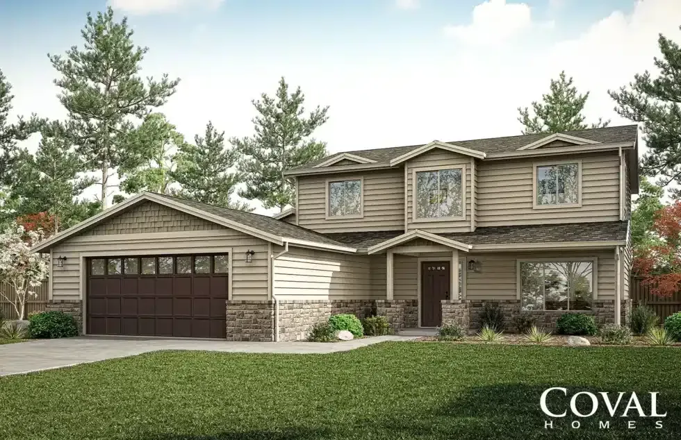Coval Homes Two-story beige suburban house with attached garage, front lawn, and trees under a bright sky