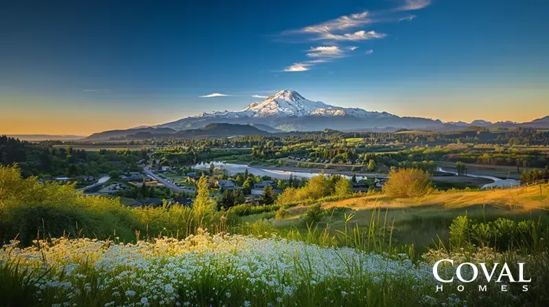 An elevated, scenic view looking over a lush green valley where a river winds through scattered residential neighborhoods and dense patches of trees. In the immediate foreground, a hillside is covered in tall grass and clusters of delicate white wildflowers catching the warm, golden sunlight. A magnificent, massive snow-capped mountain dominates the distant horizon under a deep blue sky featuring a few high, wispy clouds. The logo "COVAL HOMES" is displayed in the bottom right corner.