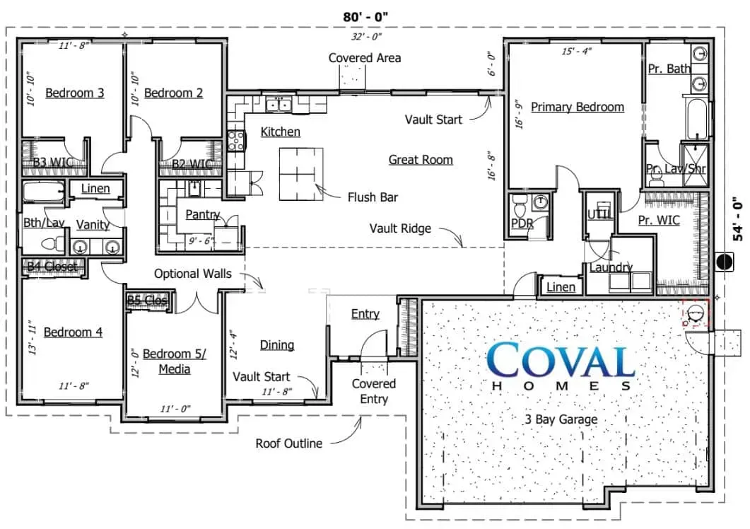 Black-and-white house floor plan labeled with room names, including a large &ldquo;COVAL&rdquo; area.