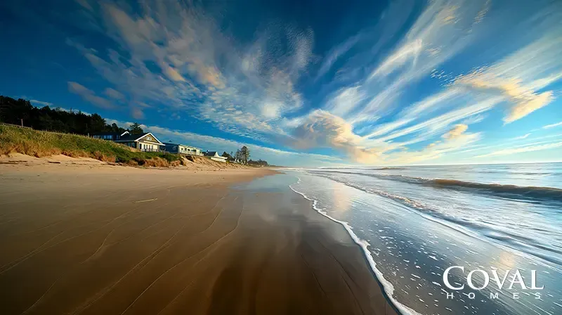 A wide, tranquil beach scene featuring smooth, wet sand reflecting a spectacular sky. On the right, gentle waves roll onto the shore. On the left, several coastal homes sit atop a grassy sand bluff, backed by a line of dark green trees. Above, a deep blue sky is filled with dramatic, sweeping white clouds illuminated by warm sunlight. The logo "COVAL HOMES" is displayed in the bottom right corner.