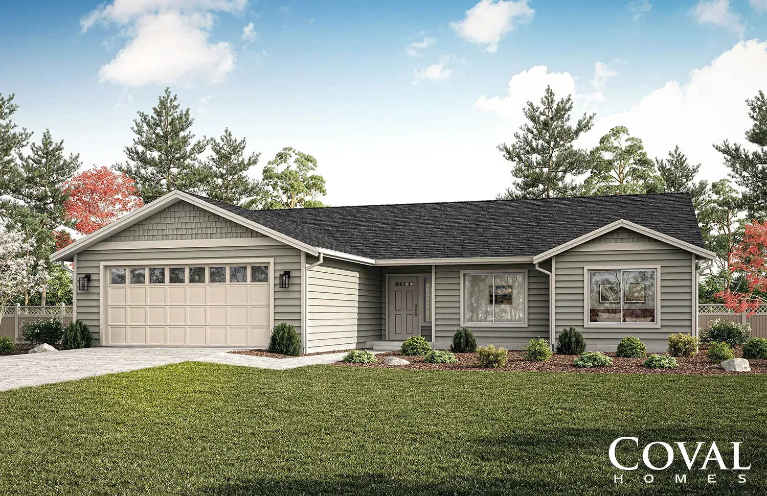 Single-story suburban house with beige siding, dark roof, garage, and landscaped front yard under a blue sky